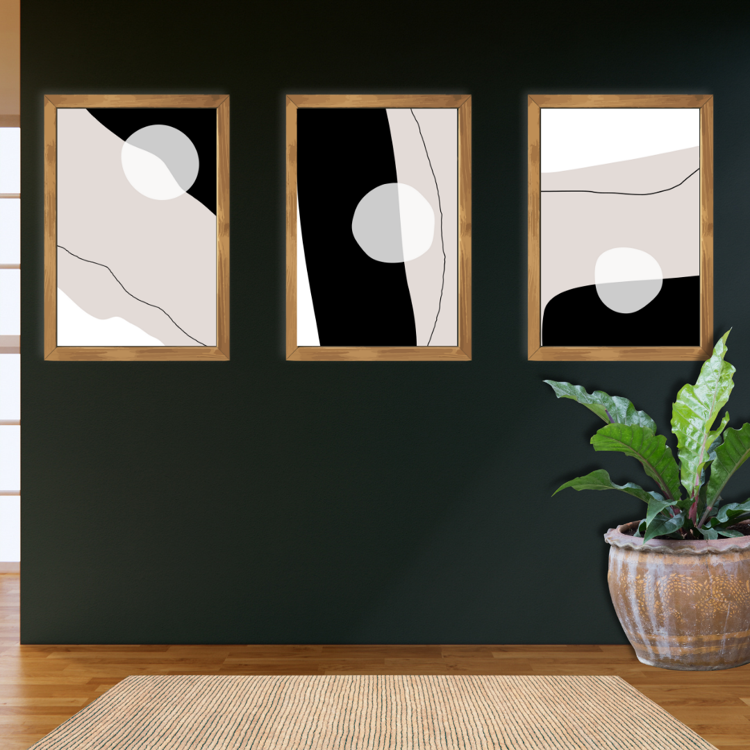 Framed digital prints of curved lines and geometric shapes on a dark wall.