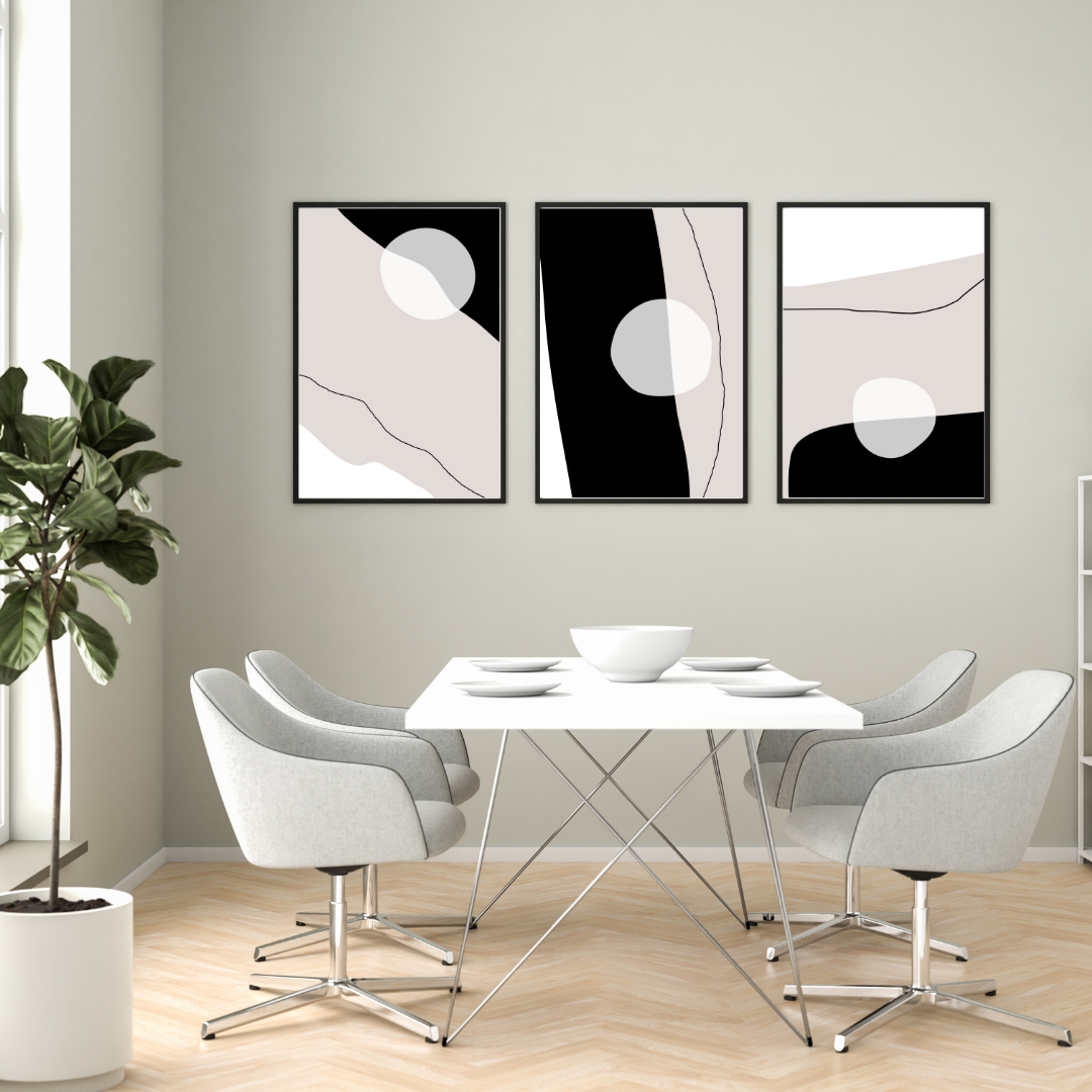 Boho and minimalist home decor featuring a set of three printable abstract artworks.