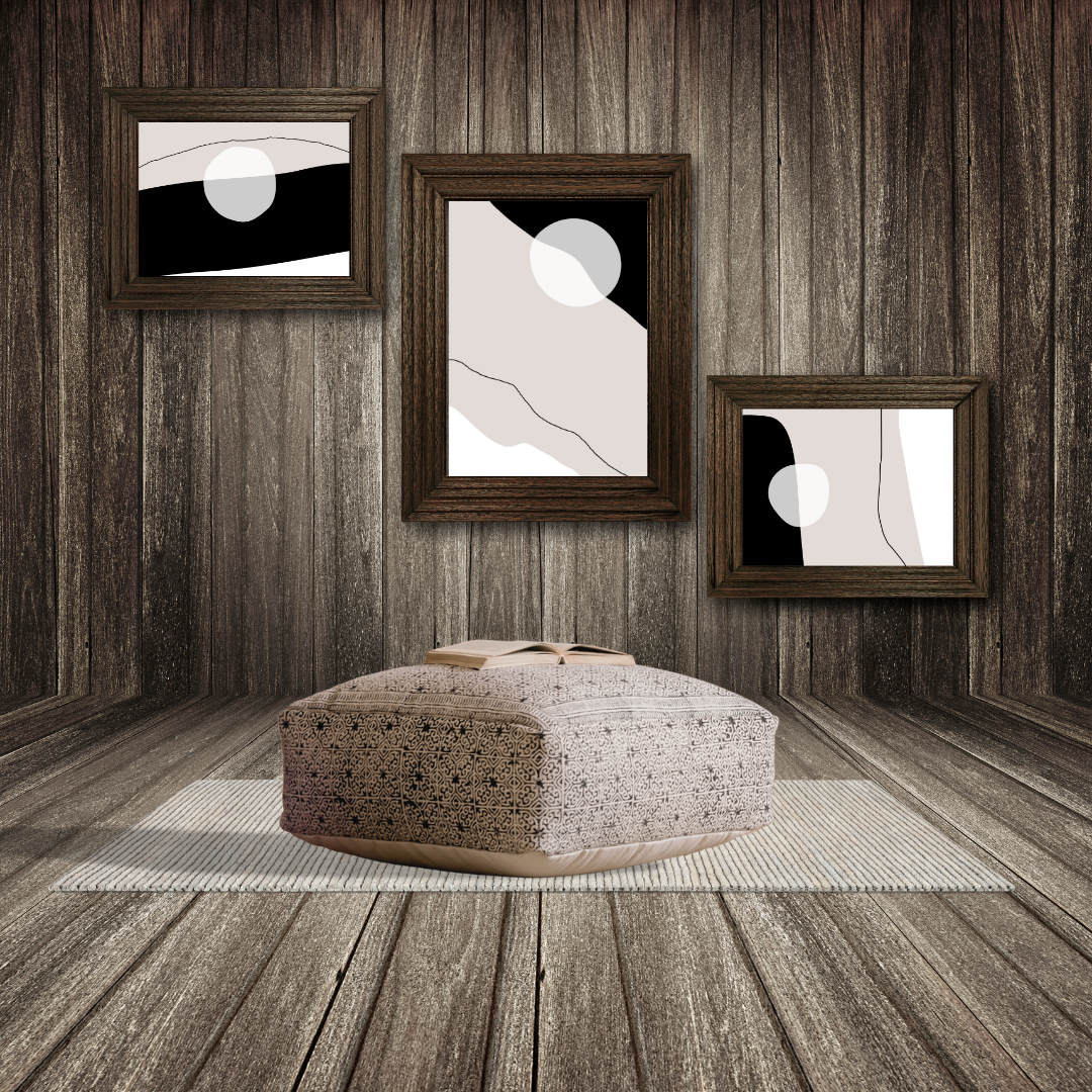 Close-up of modern abstract art prints with minimalist shapes and tones