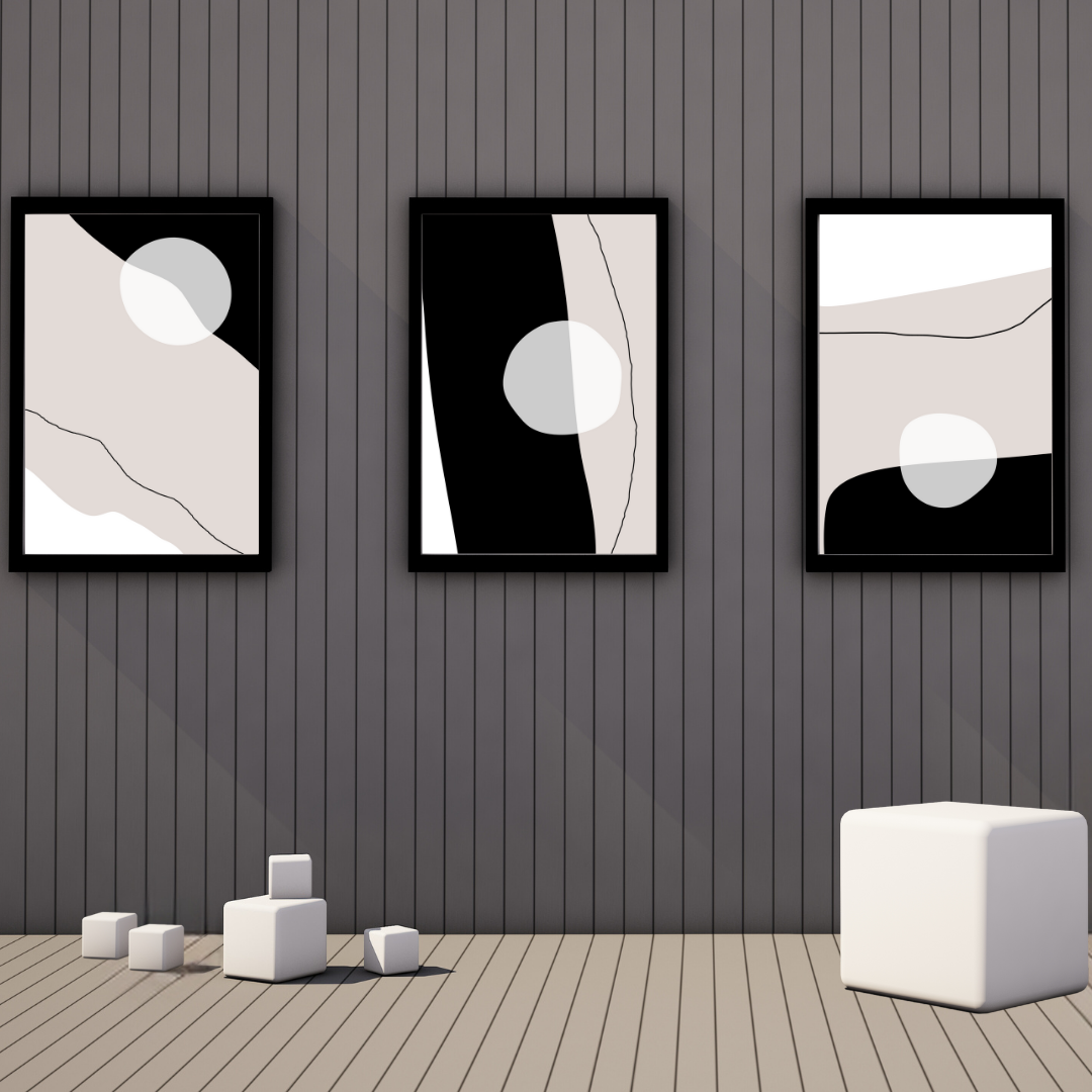 Framed digital prints of curved lines and geometric shapes on a brown wall