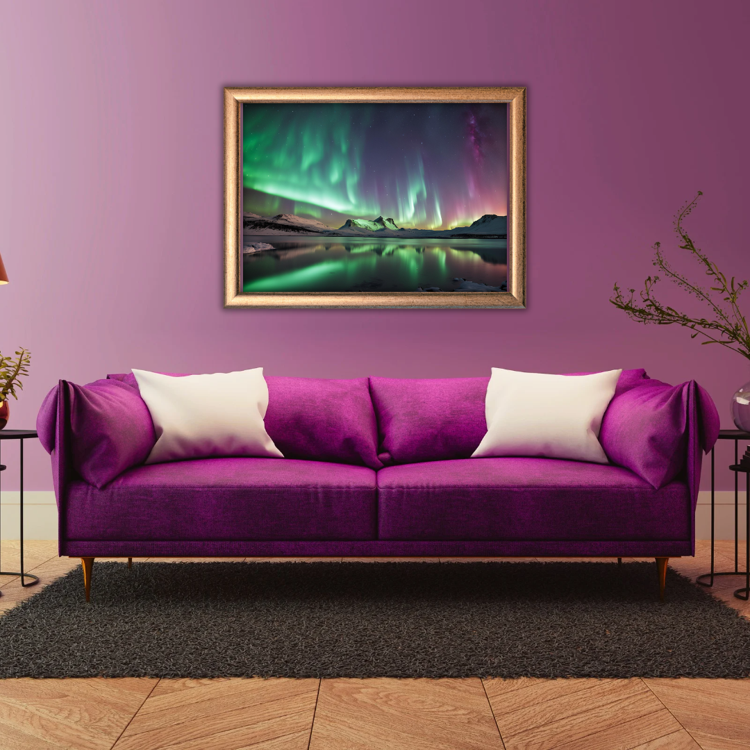 Large Aurora canvas hanging over a light violet in a modern living room with wooden flooring.