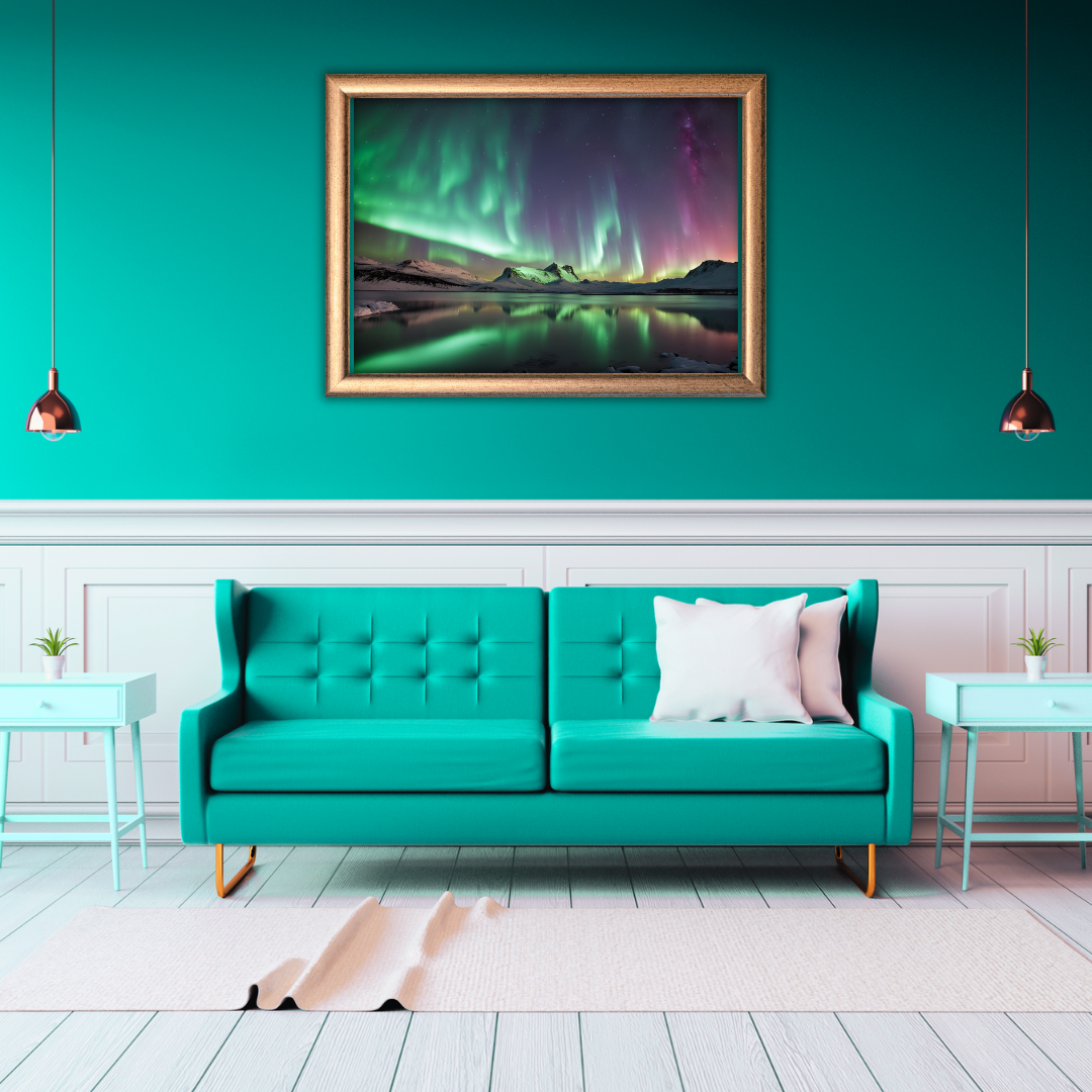 Large Aurora canvas hanging over a green sofa with wooden flooring in a modern living room.