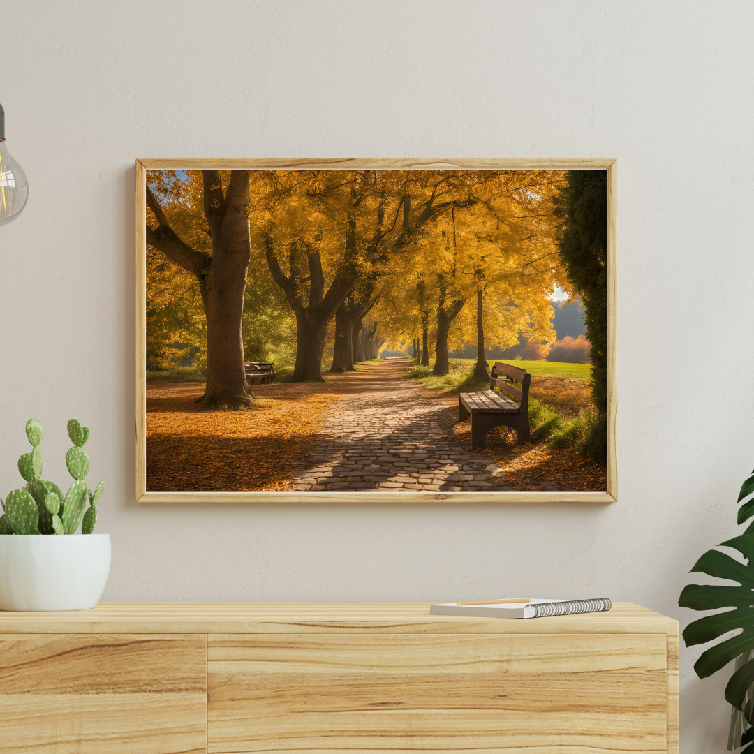Framed autumn path print, above a light‑wood sideboard with cactus planter and book.