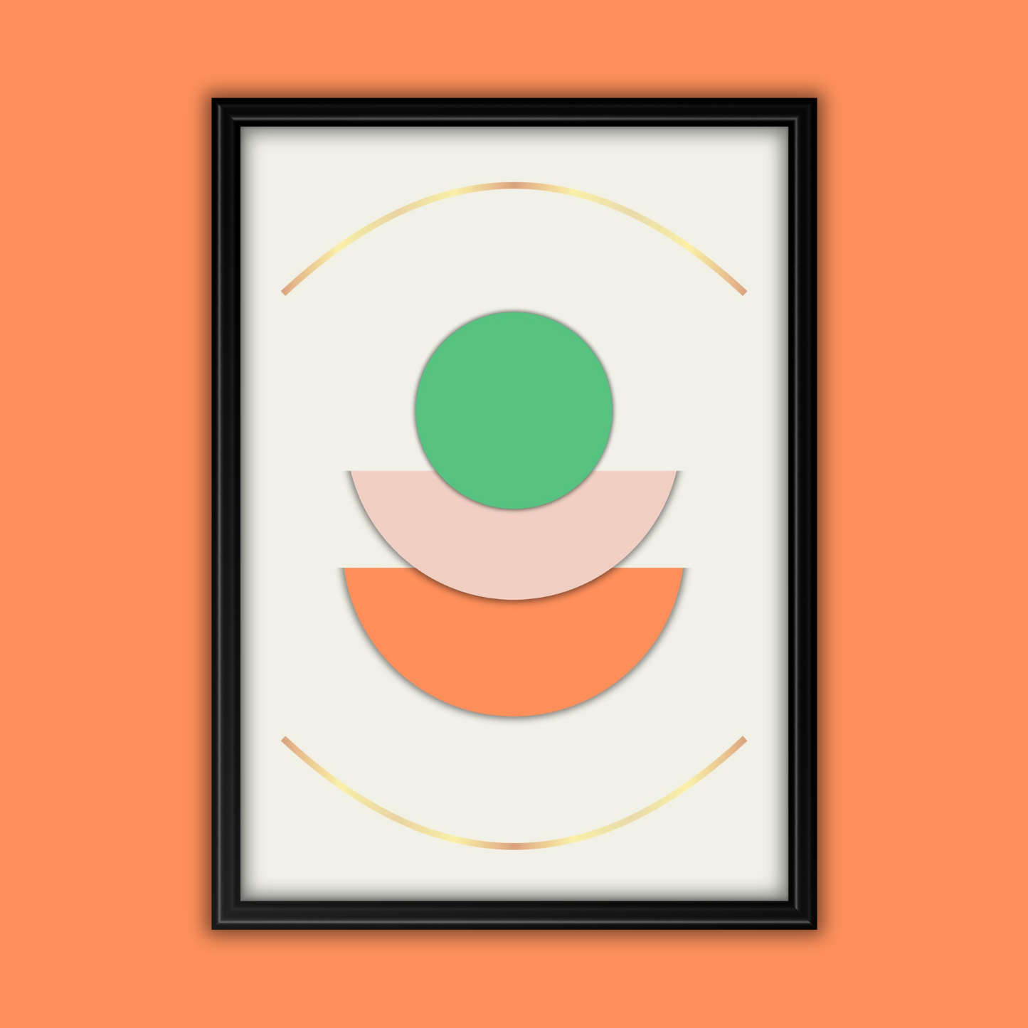 Close-up of geometric boho print highlighting textured orange, pink, green and metallic gold details sitting in front of an orange background.
