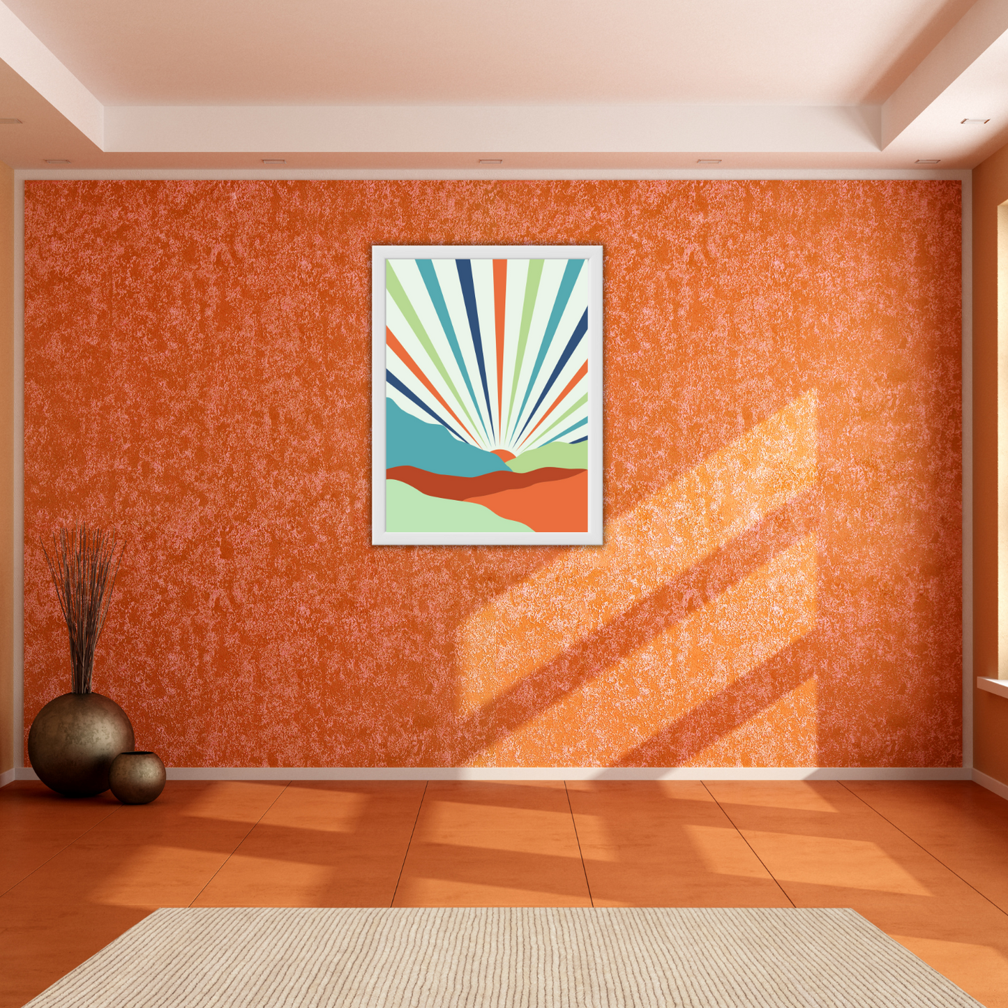 Illuminating boho office space featuring a framed boho mountain and sunray digital print in earthy tones.