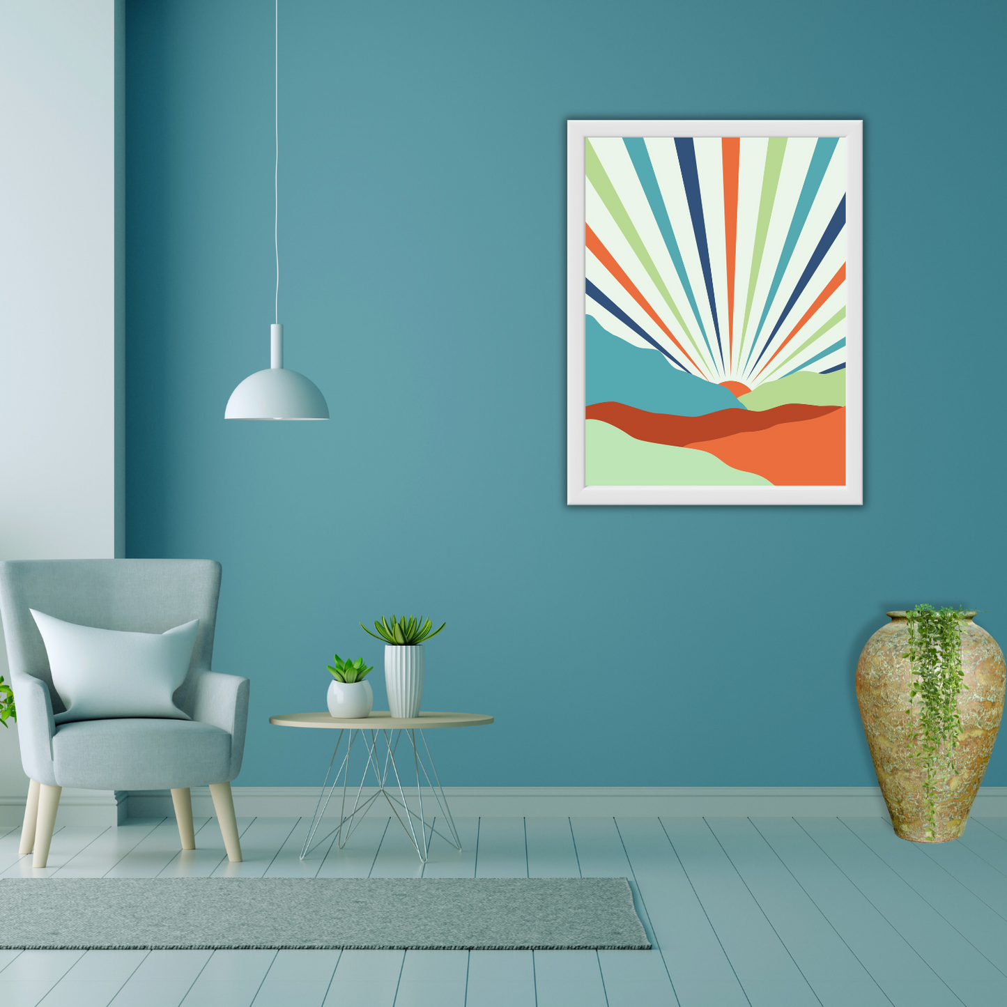 Close-up of boho mountain landscape with layered peaks and strong sunbeams on a teal color wall.