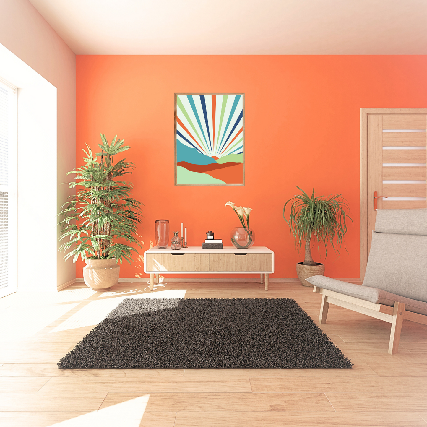 Single earthy sunset wall art above a shelf styled with plants and glass decor in an orange and neutral setting.