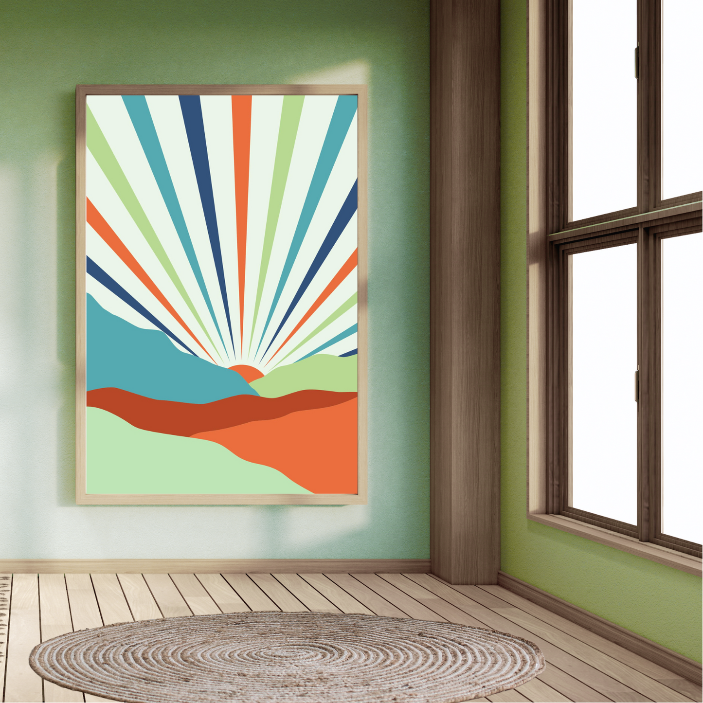 Close-up of boho mountain landscape with layered peaks and defined sunbeams in a pale green and wooden setting.