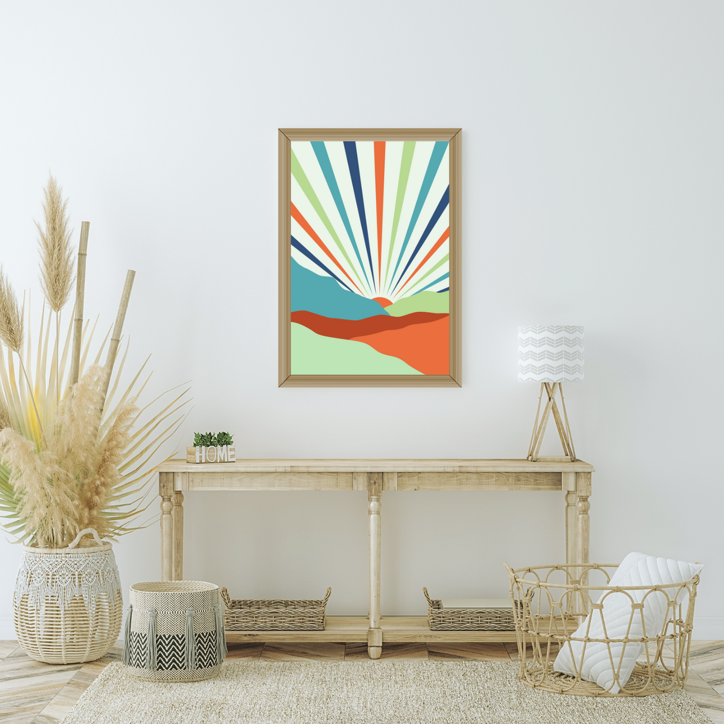 Natural boho styled home space featuring a framed boho mountain and sunray digital print.