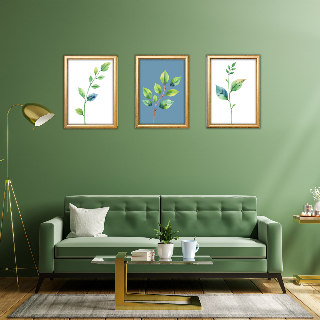 Botanical Green on Blue Digital Wall Art Prints