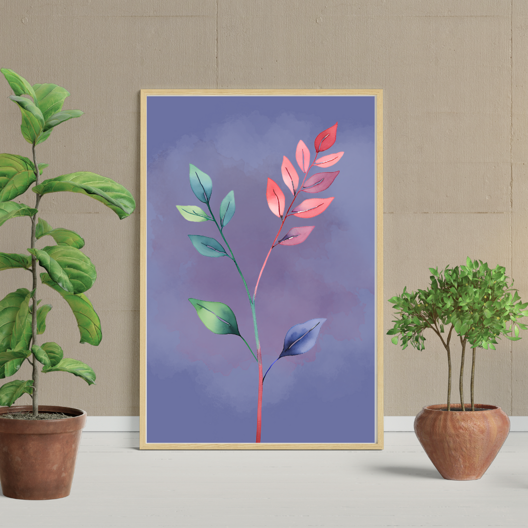 Close-up of single botanical leaf artwork in jewel tones framed in wood in a minimalist and neutral home space with potted plants.