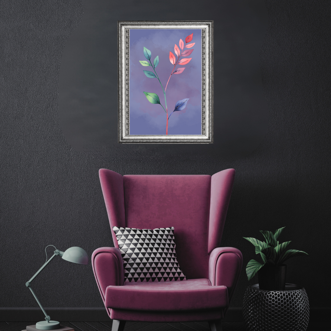 Watercolor botanical print with jewel toned leaf stems on a smoky mauve background above a sofa in a warm and cozy setting.