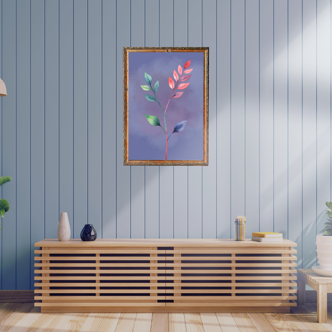 Printable mauve watercolor leaf art resting above a shelf with ceramic vases and books.
