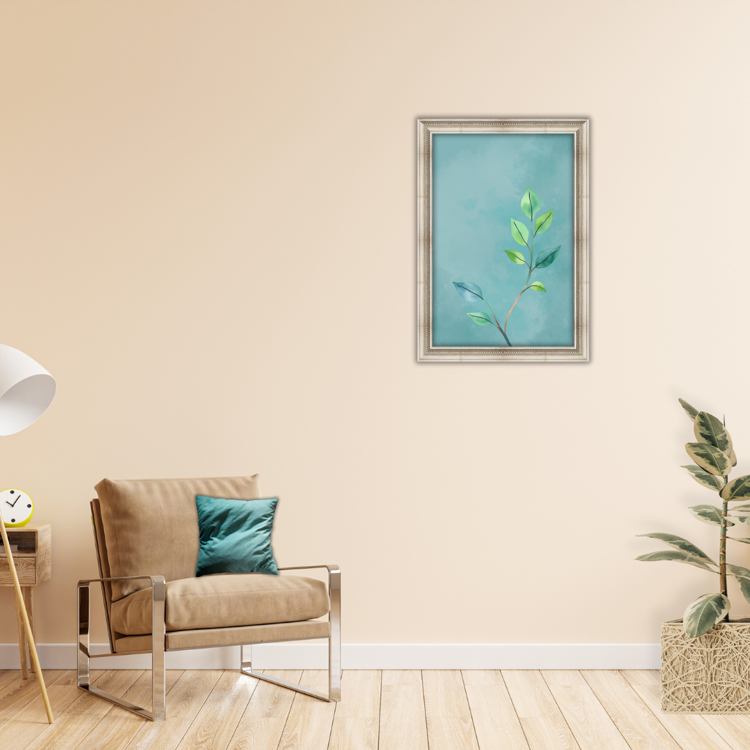 Watercolor botanical print of green leaf stem on a smoky teal background in a neutral color setting.