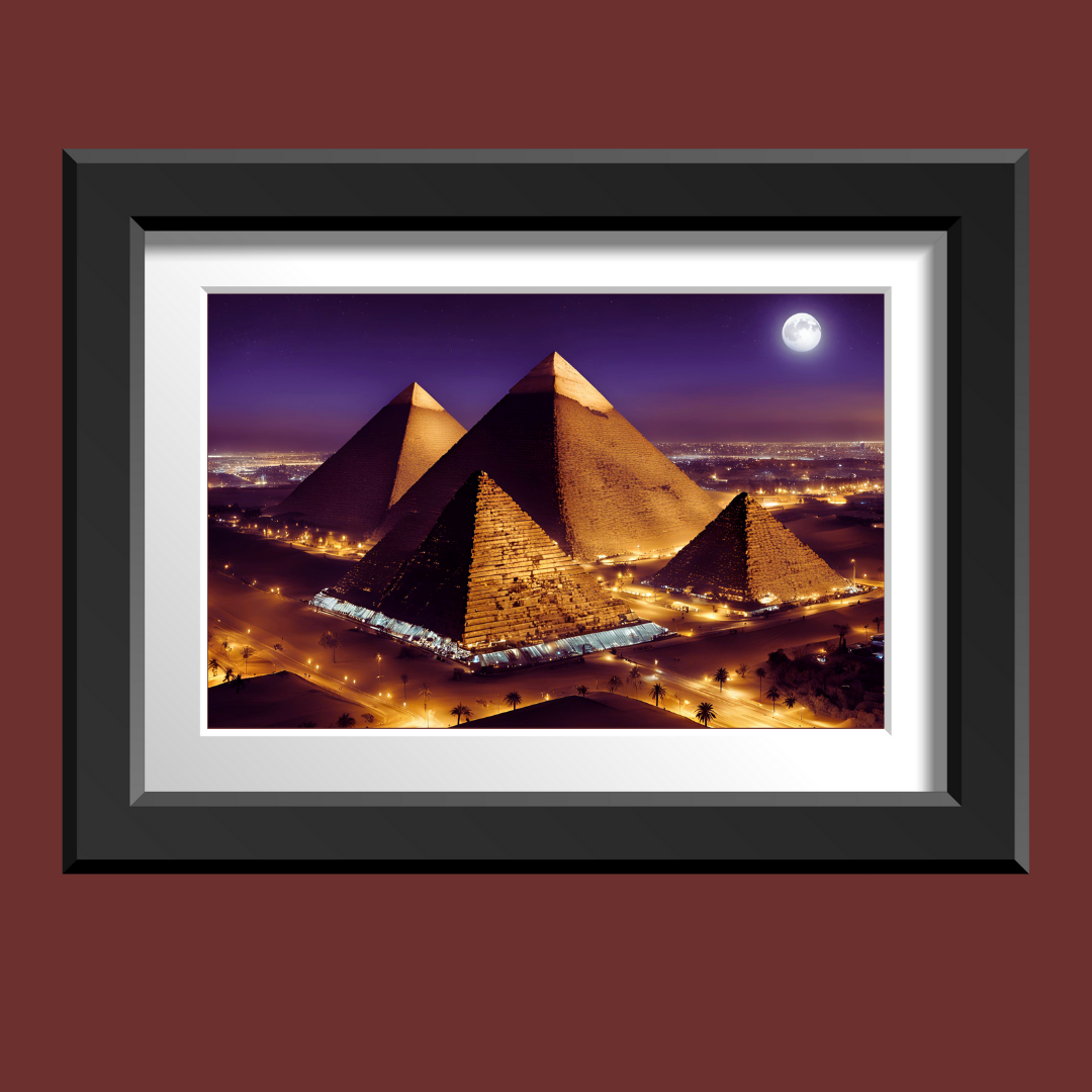 Close up of pyramids night scene framed and mounted on a maroon color wall.