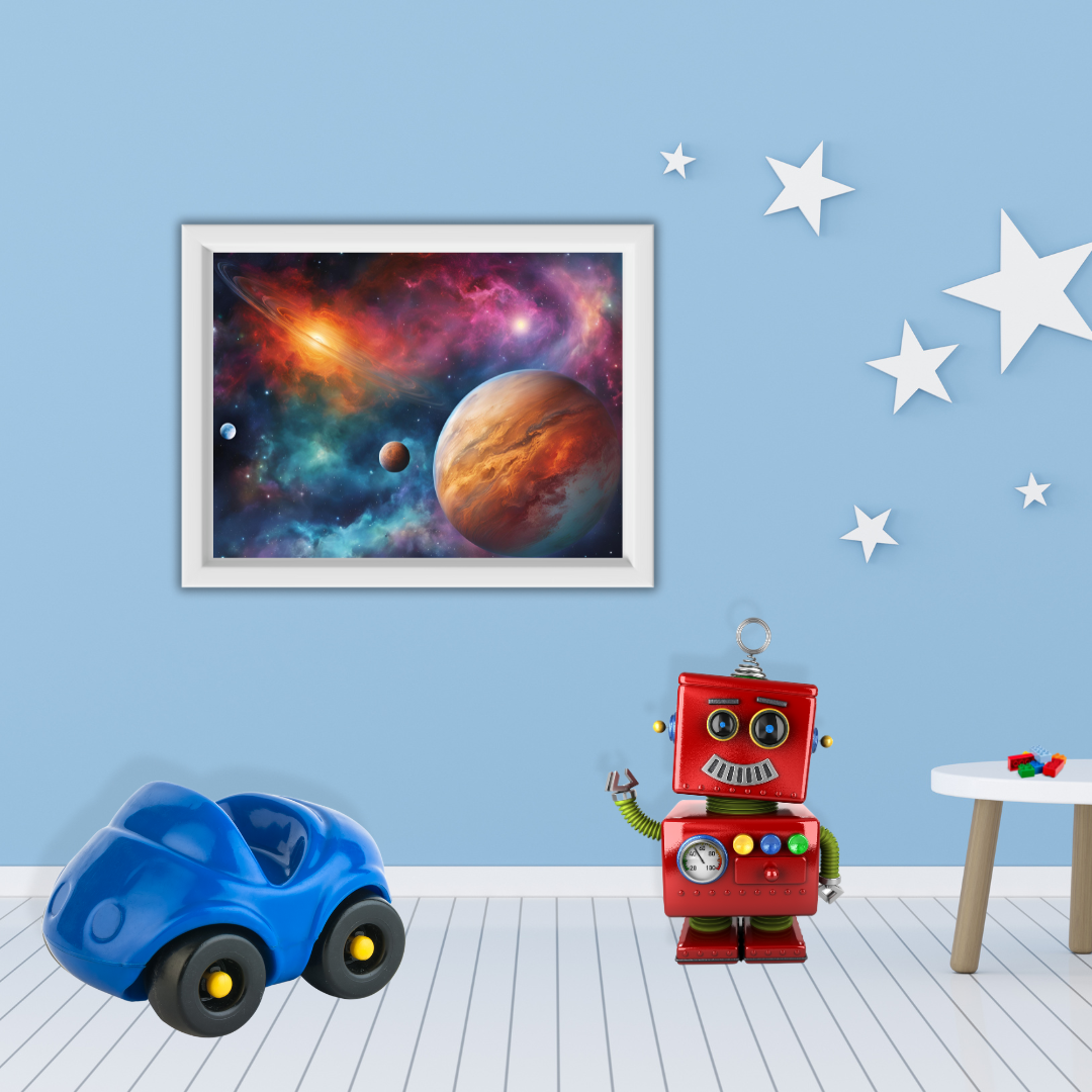 Large space landscape poster framed on a pale blue wall with stars as decor in a children's playroom.