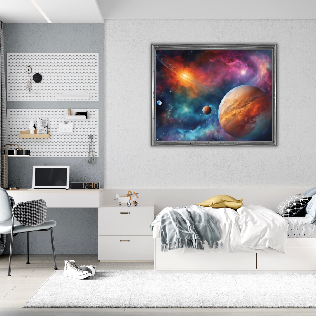 The cosmic art framed above a bed and next to a study table.