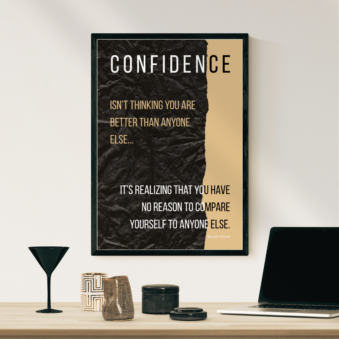 Inspirational quote wall art over a wooden desk in a cozy home study.
