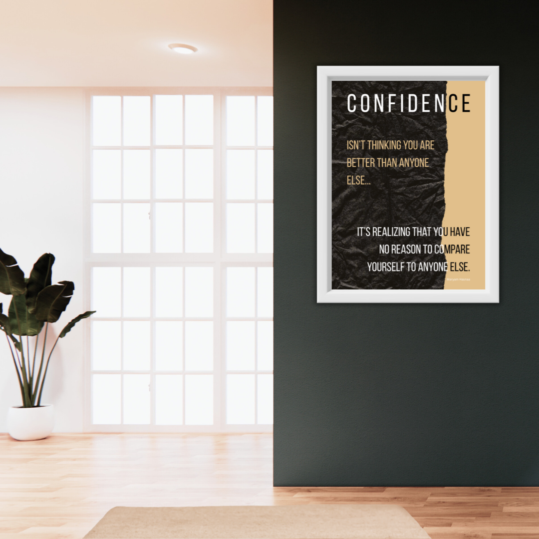 Hallway entrance showing framed motivational print against a matt black wall with sunlight filtering through the windows.