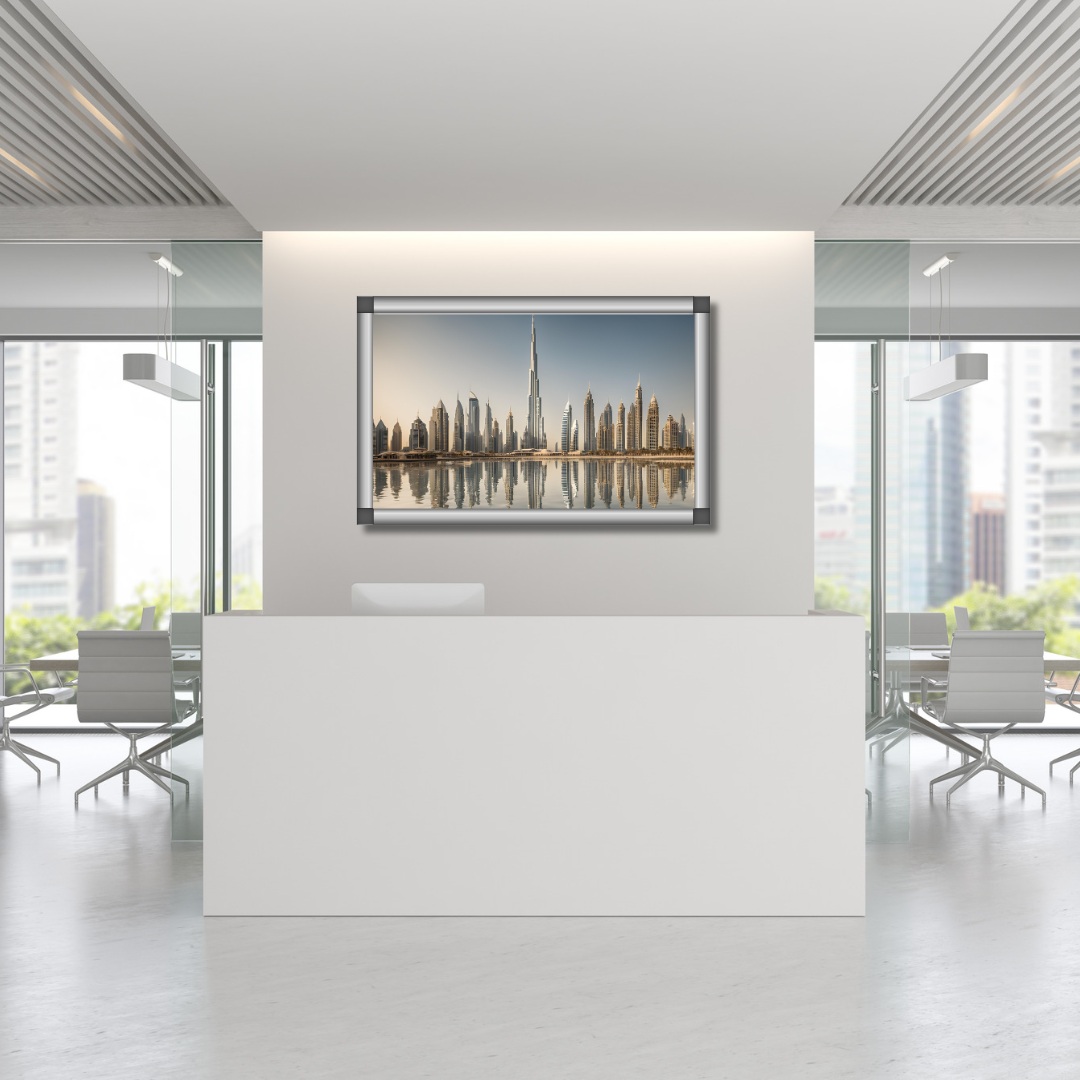 Reception area with stylish seating and a framed cityscape of Dubai, setting a refined and welcoming tone for visitors.