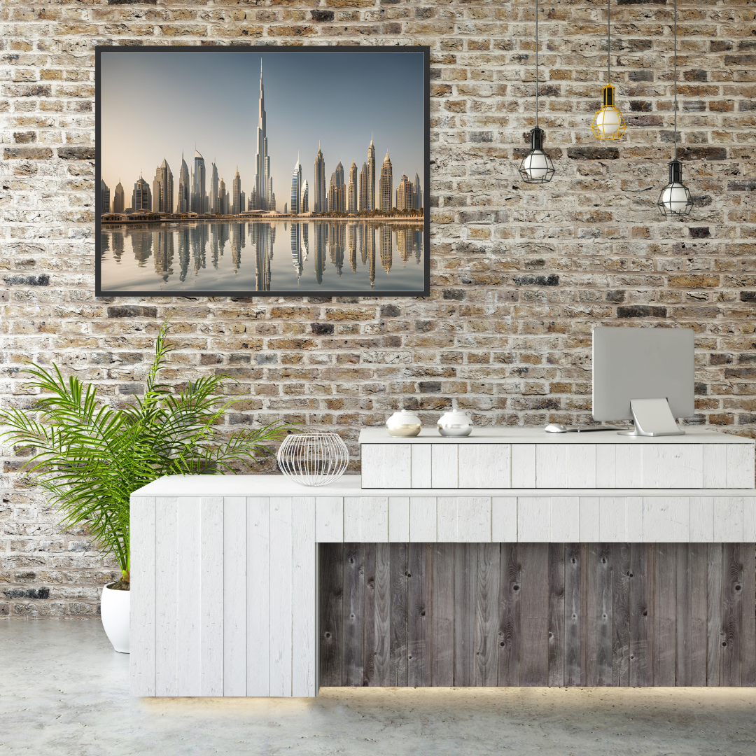 Burj Khalifa digital art print in an executive office, blending trendy decor with panoramic urban energy.