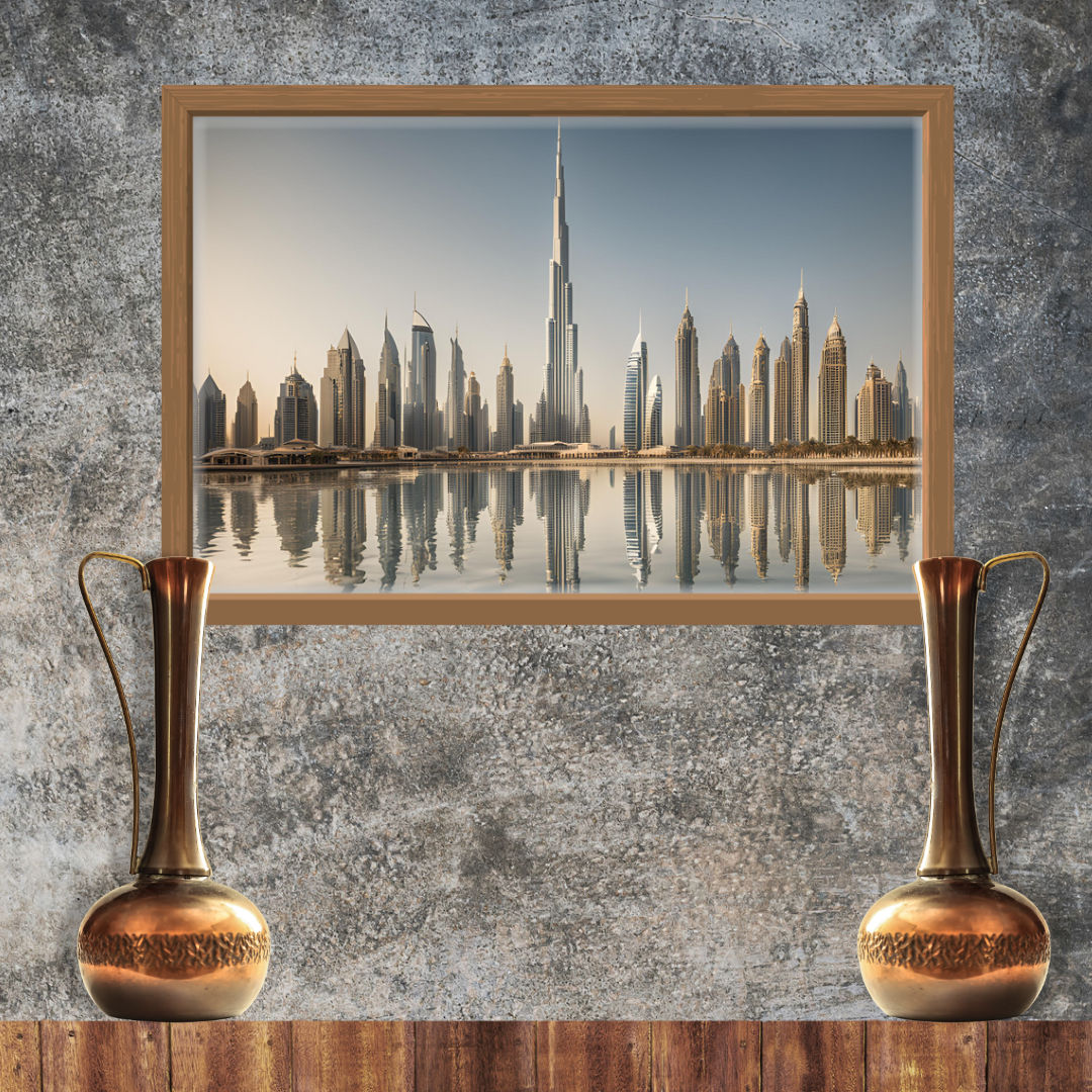 Framed digital print of the Dubai skyline in a modern office, adding a sleek urban touch above a minimalist shelf with antiques.