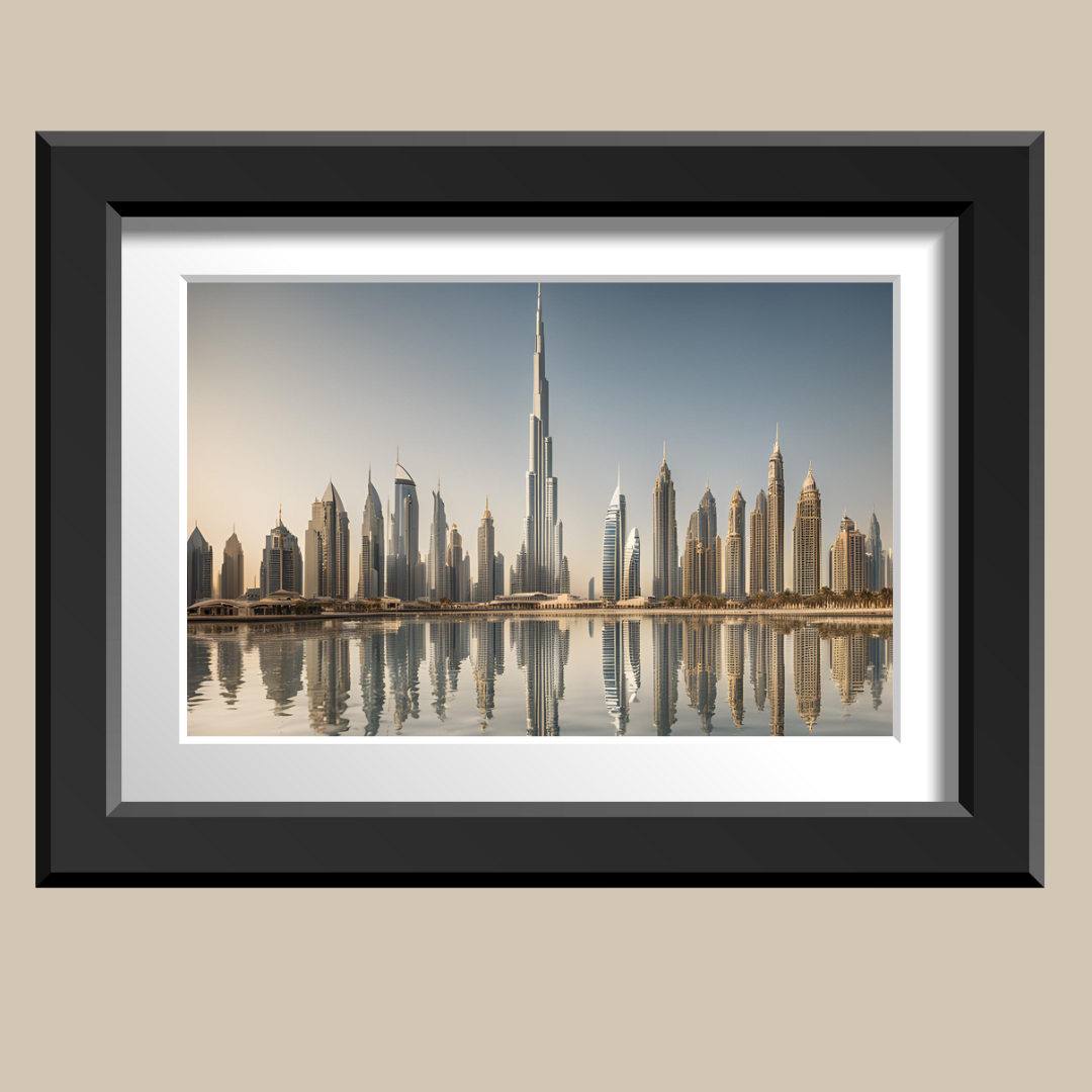 Close‑up of Burj Khalifa cityscape in a black frame mounted on a neutral wall.