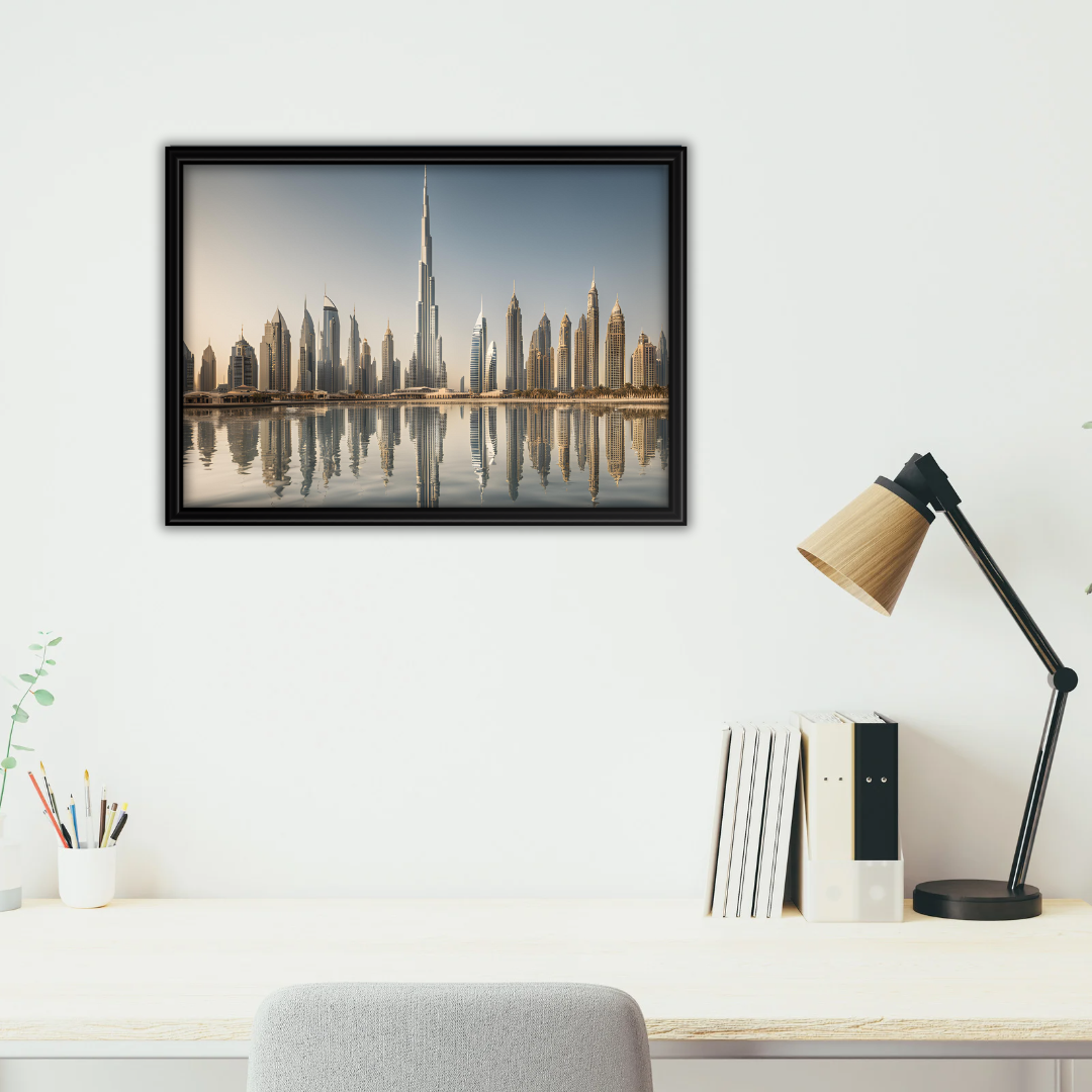 Home office setup with Dubai skyline print, above a light wood desk housing books and a desk lamp.