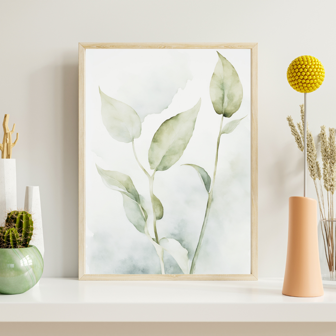 Digital botanical print on a cloudy background on a shelf with ceramic and plant decor in a neutral setting.