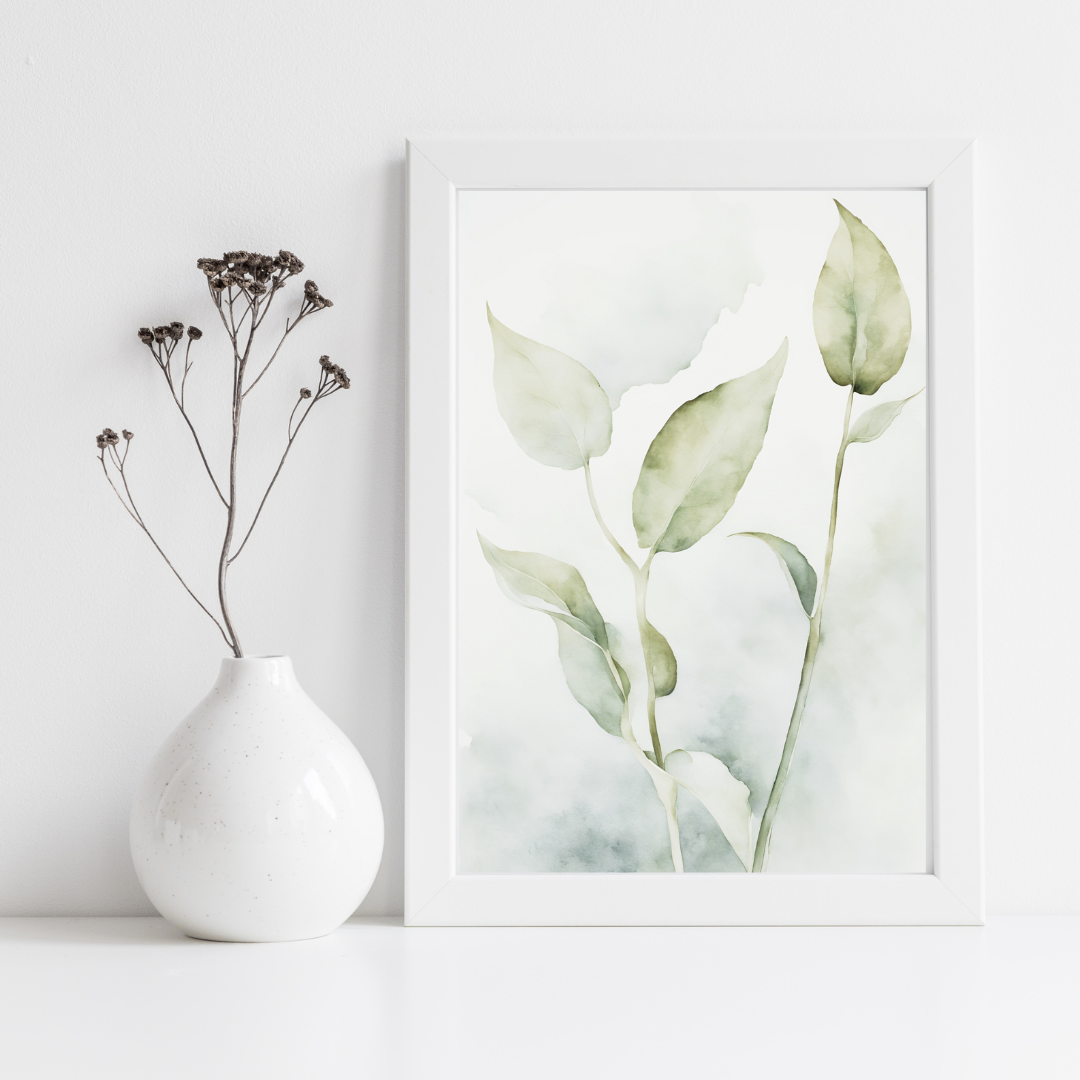 Digital botanical print on a cloudy background sitting on a shelf with a ceramic vase and plant decor in a crisp white setting.
