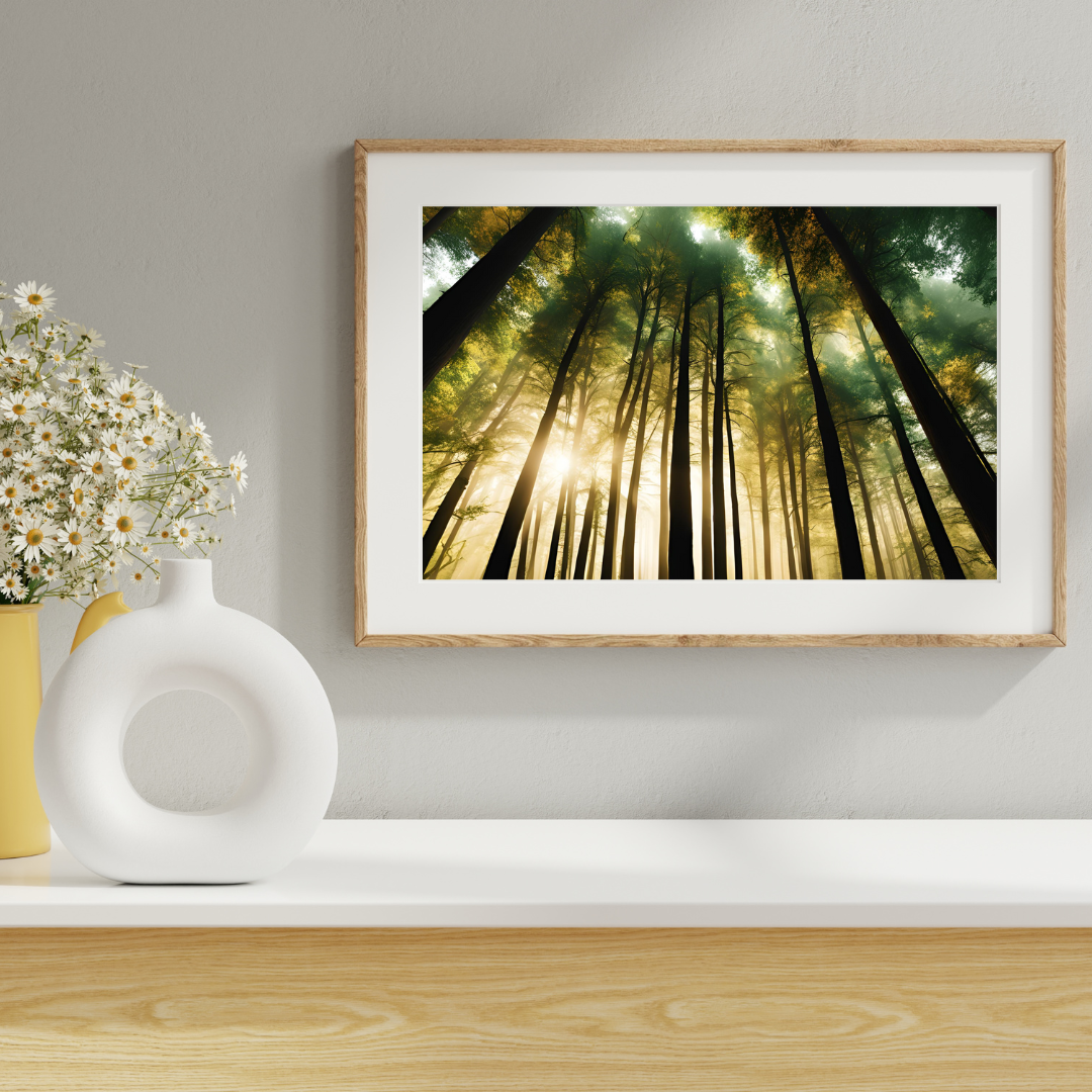 Sunlit Forest Serenity art styled above a mantel with daisies and ceramic vases.