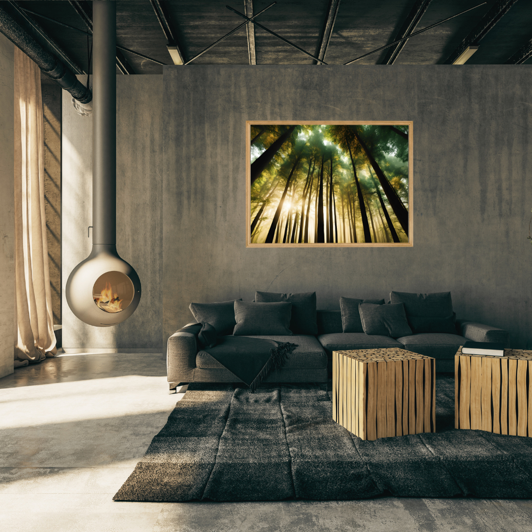 Large woodland landscape canvas hanging over a charcoal color sofa in a rustic setting.