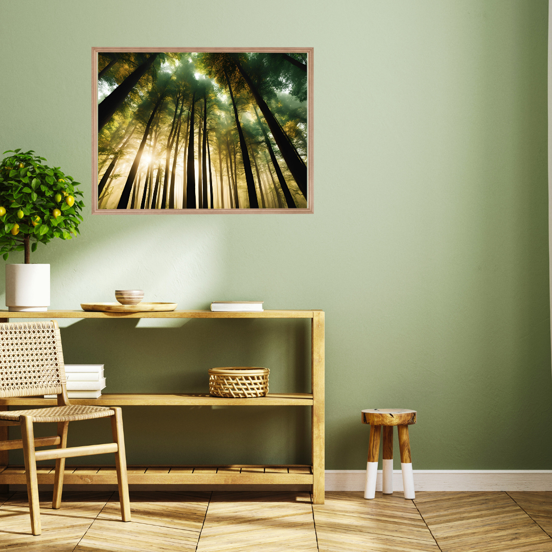 wooden shelf table showing forest path art above it in a boho setting with rattan decor.