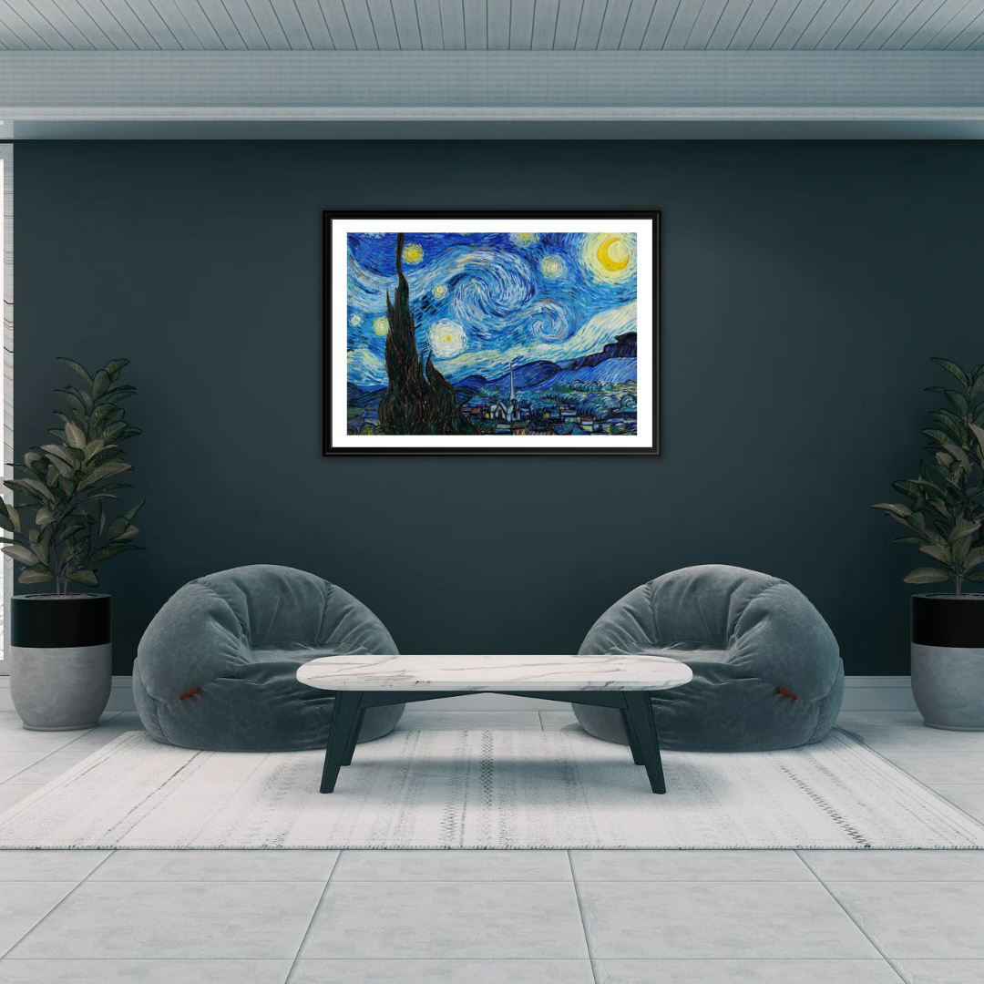 Office reception scene with Starry Night art above couches and a table.