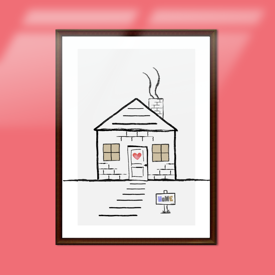 Framed illustration of a house with a heart on the door against a pink background.