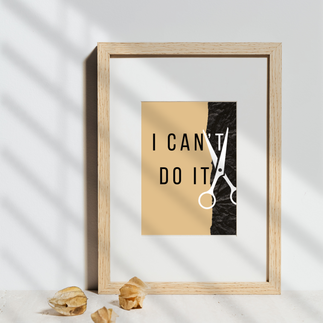 Light wood frame with “I Can Do It” print on minimalist white floating shelf.