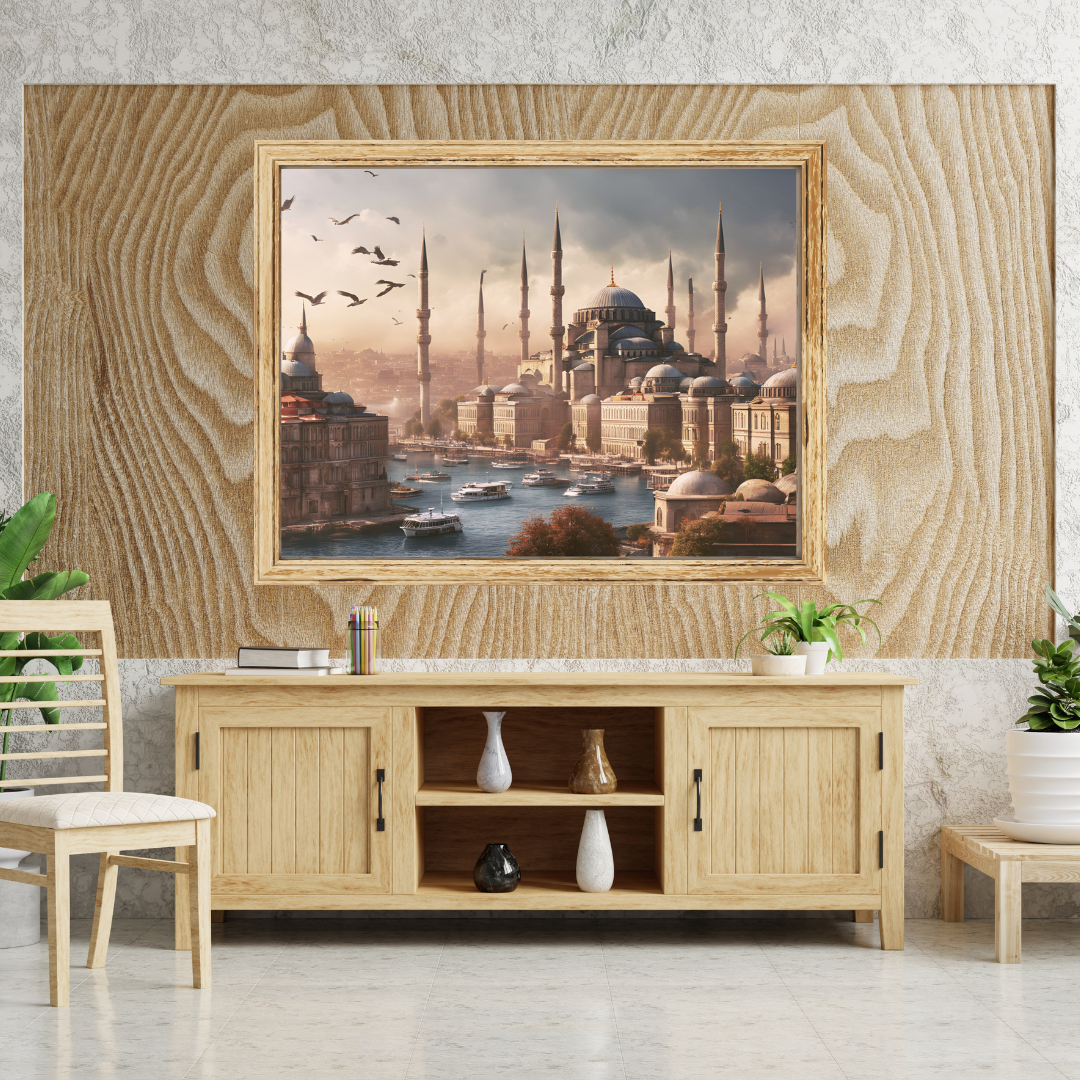 Framed Istanbul sunrise print with Blue Mosque over a light‑wood console in a modern living room.