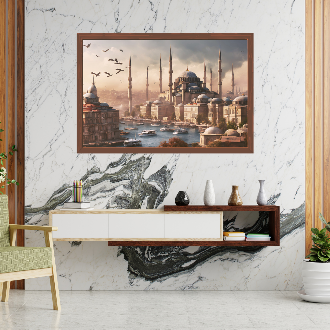 Home office nook showing Istanbul dawn artwork above a wooden floating shelf with ceramic vases.