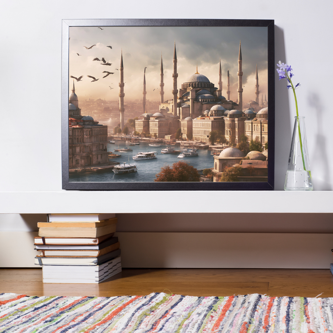Home office nook showing Istanbul dawn artwork on a floating shelf over a pile of books.