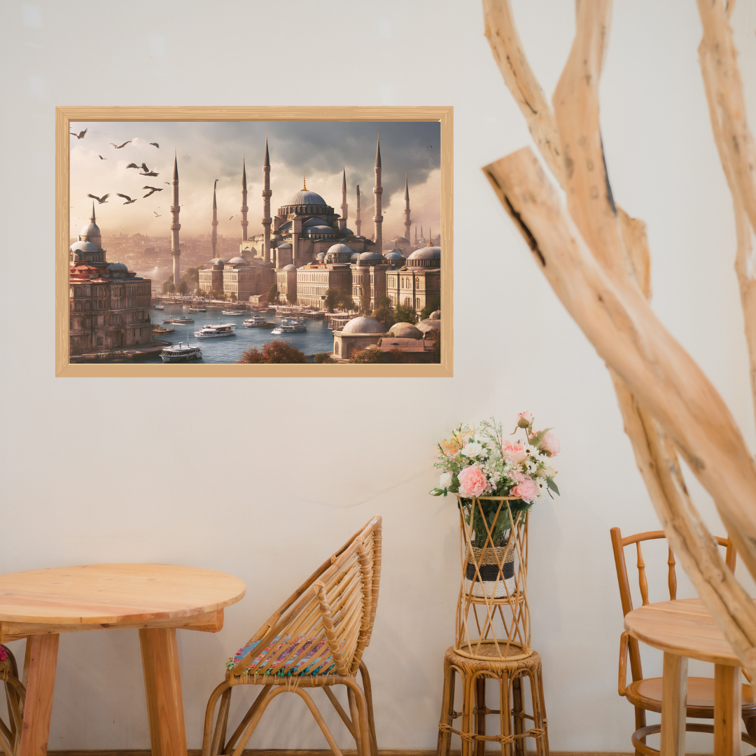 Quaint cafe in wooden decor featuring the Blue Mosque sunrise print hanging on a neutral wall.
