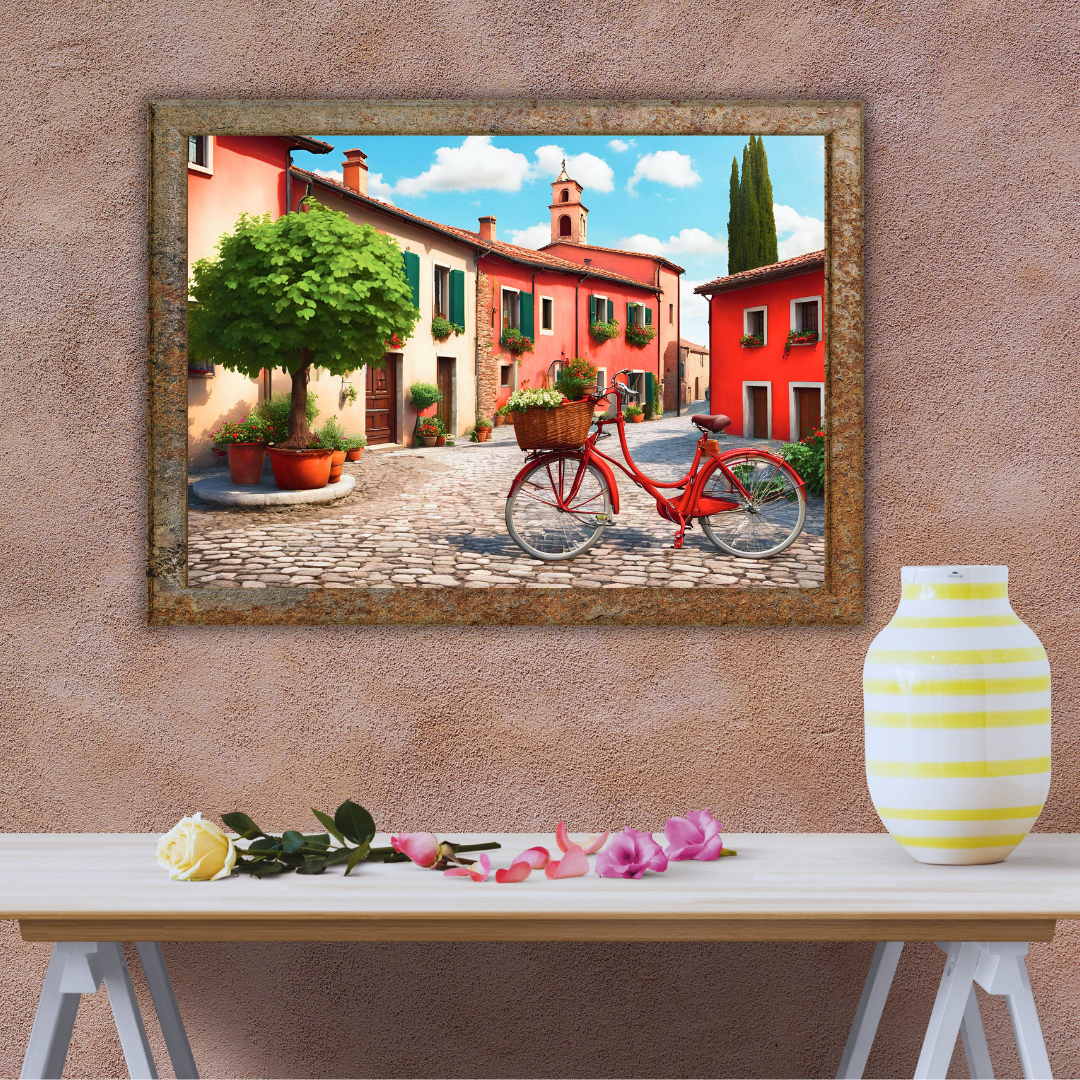 Terracotta textured wall featuring the Italian village wall art hanging above a wooden table.
