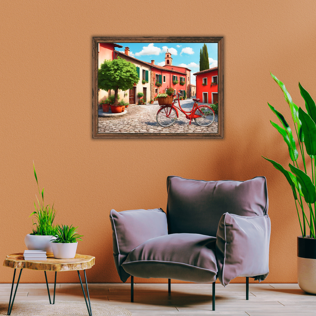 Reading nook with armchair, wooden side table, and Italian street print on a terracotta wall.