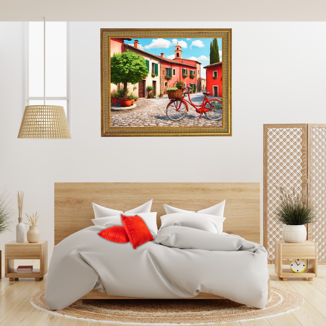 Colorful village street artwork over a wooden headboard in a boho‑styled bedroom with woven lamps.