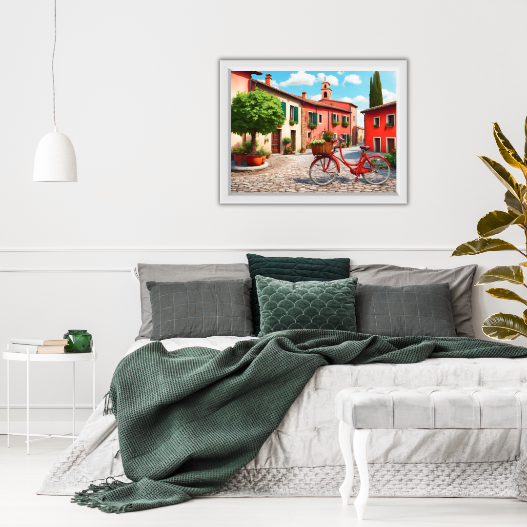 Framed Italian cobblestone scene on a crisp white wall in a modern bedroom with sage and grey decor.
