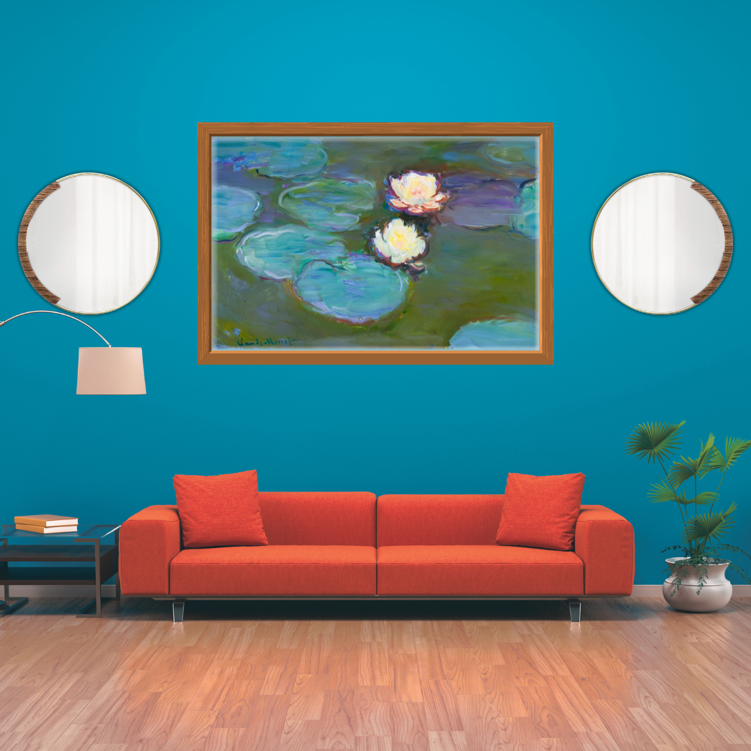 Detail view of digitally enhanced color depth and texture in Monet’s tranquil pond framed above a sofa in a living room with bright and modern decor.