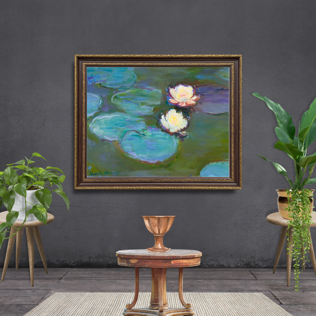 Impressionist wall art of Monet’s lily pond in rich blues and greens styled in a rustic home area.