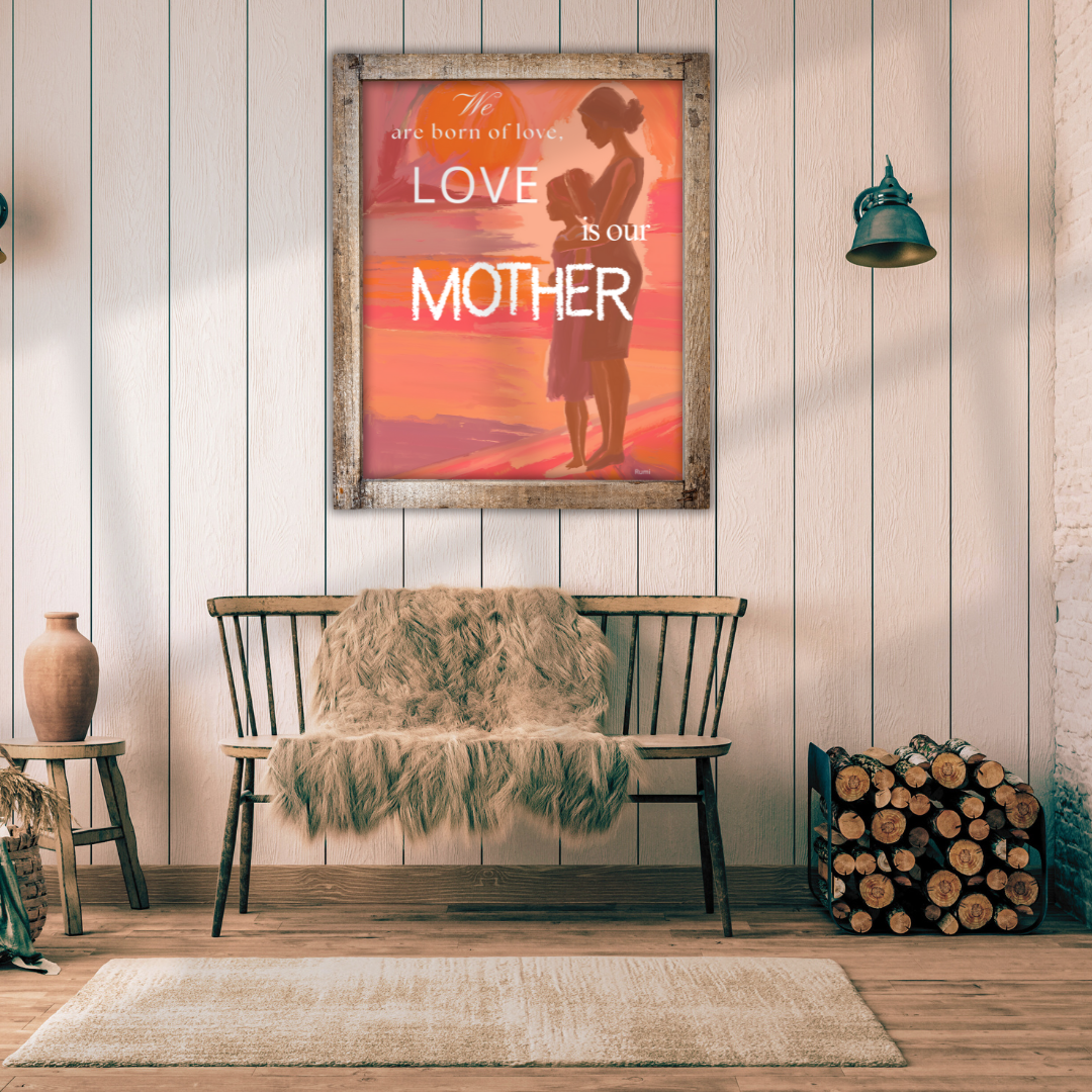 Framed poster of mother and child silhouette with text above a wooden bench and decorative items.
