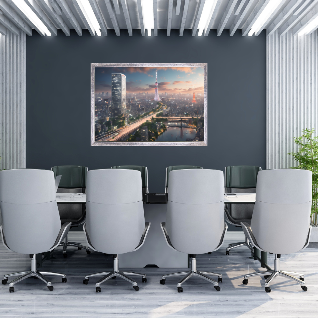Framed digital art of the Tokyo skyline featuring Tokyo Tower at dusk, displayed in a sleek conference room with modern office chairs and a long meeting table.