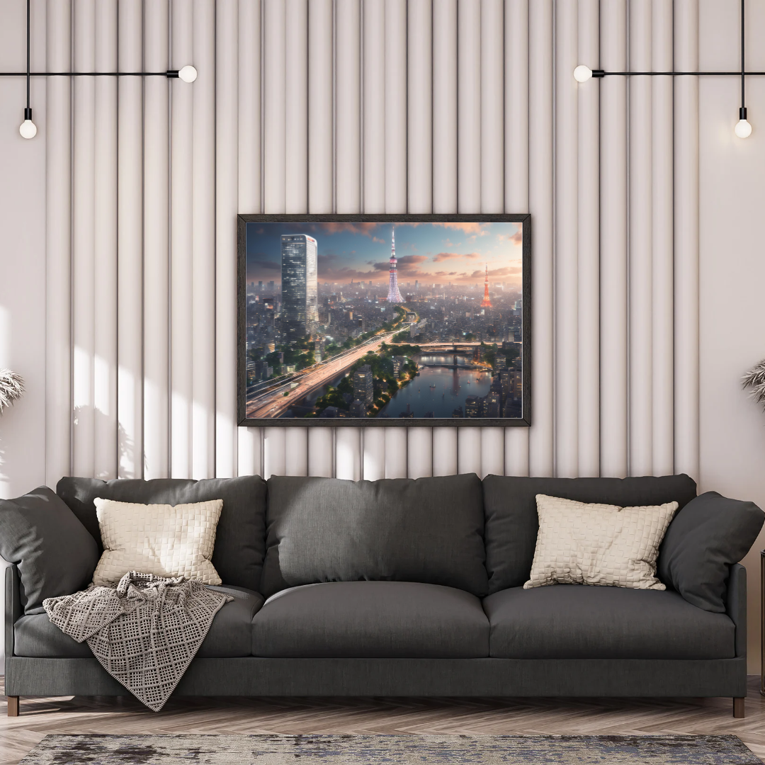 Tokyo skyline art over a charcoal sofa with neutral decor and a minimalist lighting.