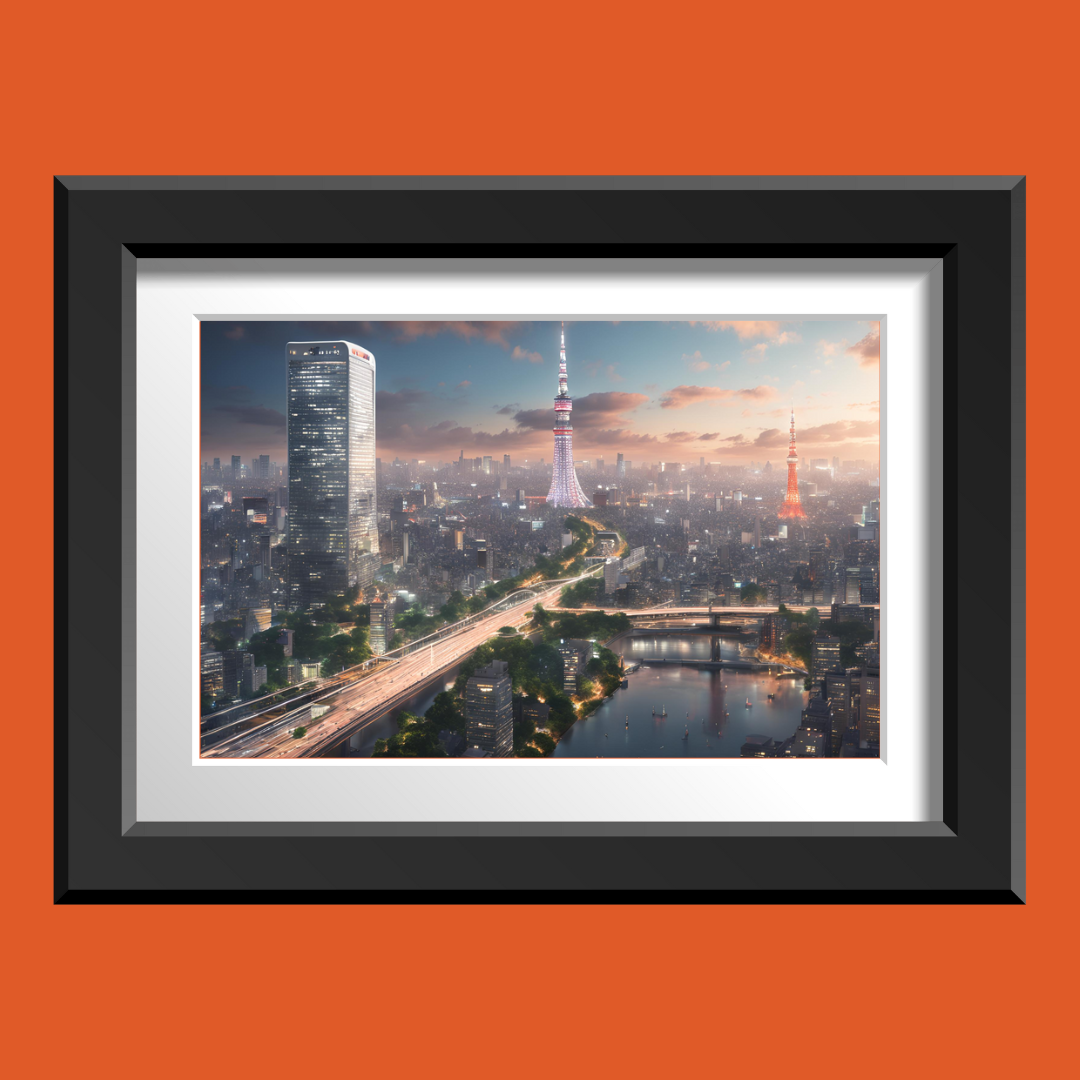 Close-up of Tokyo Tower print highlighting soft orange clouds and detailed skyline glow.